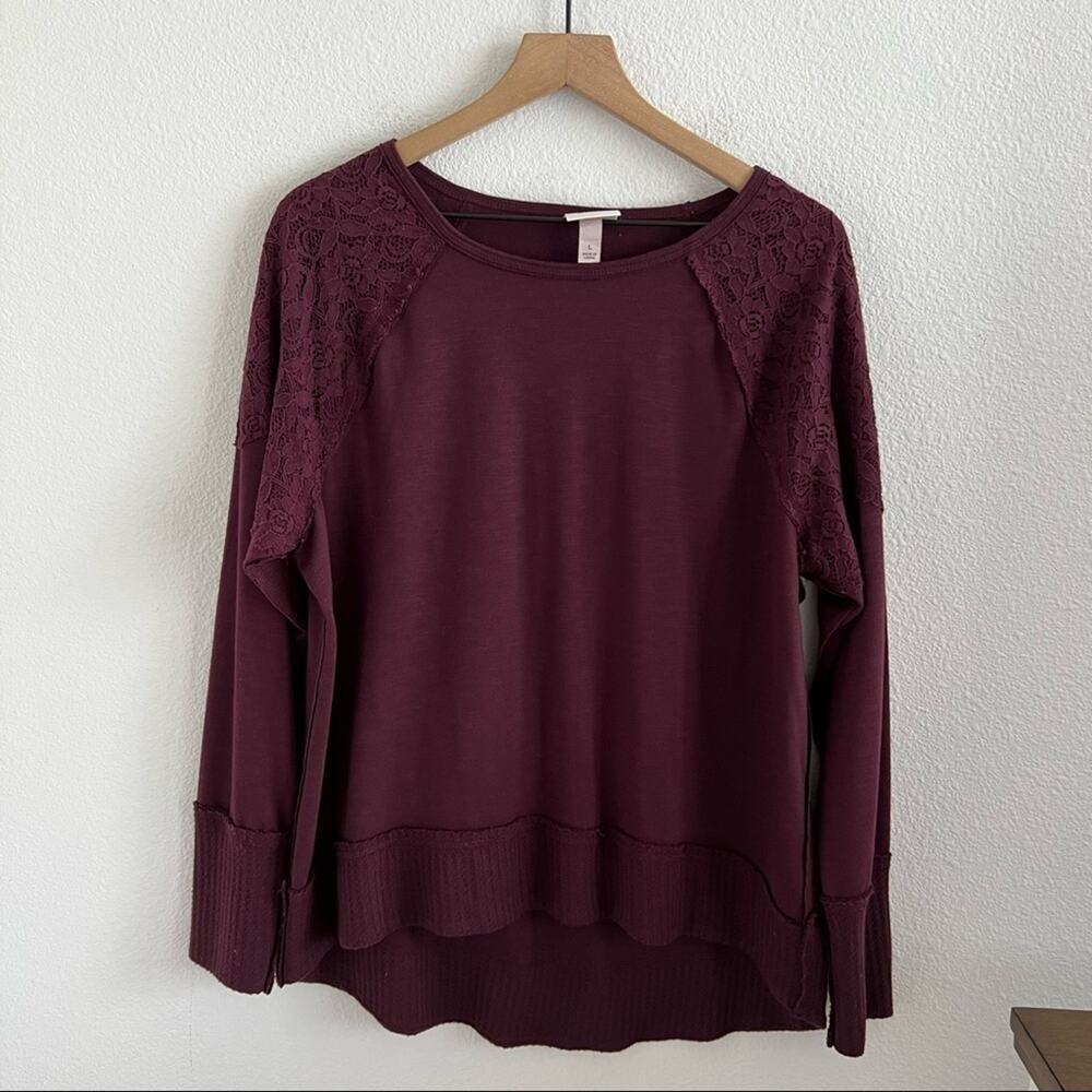 Knox Rose Maroon Lightweight Crewneck Pullover Sweater Top Lace Waffle Knit L